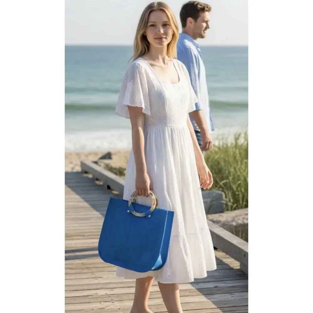 Designed for Joy Leather Handbag With Circle Handles, Baltic Blue, Medium